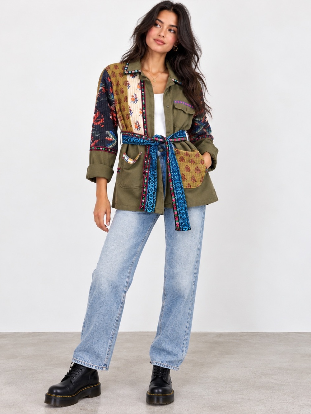 Desigual Olive Green Patchwork Utility Jacket with Multicolor Embroidered Belt